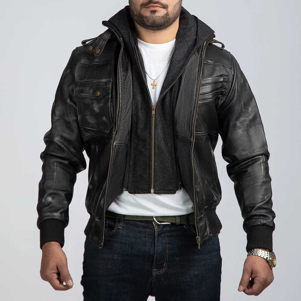 Distressed Black Leather Biker Jacket With Detachable Hood