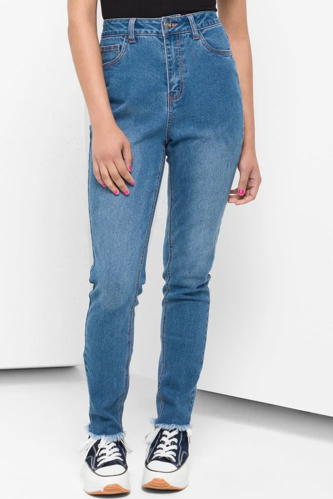 Frayed Hem Skinny Denim Jeans Blue