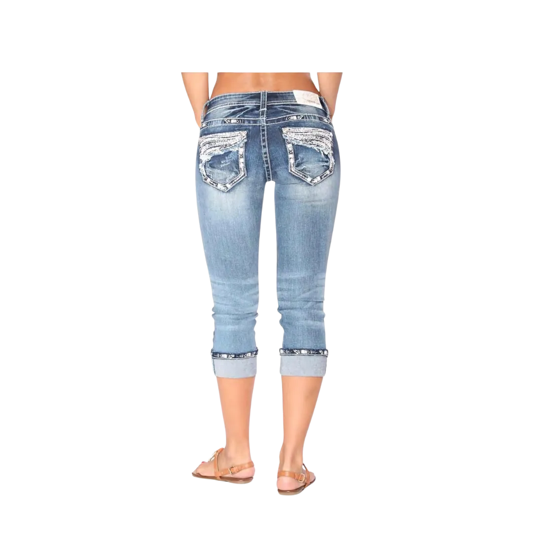 Grace In La Mid Rise Easy Capri Cuffed Rhinestone Embellished Cropped Stretch Jean