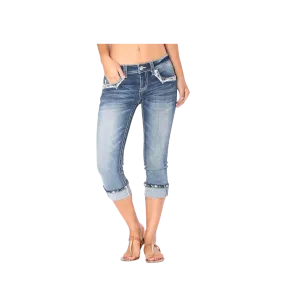 Grace In La Mid Rise Easy Capri Cuffed Rhinestone Embellished Cropped Stretch Jean