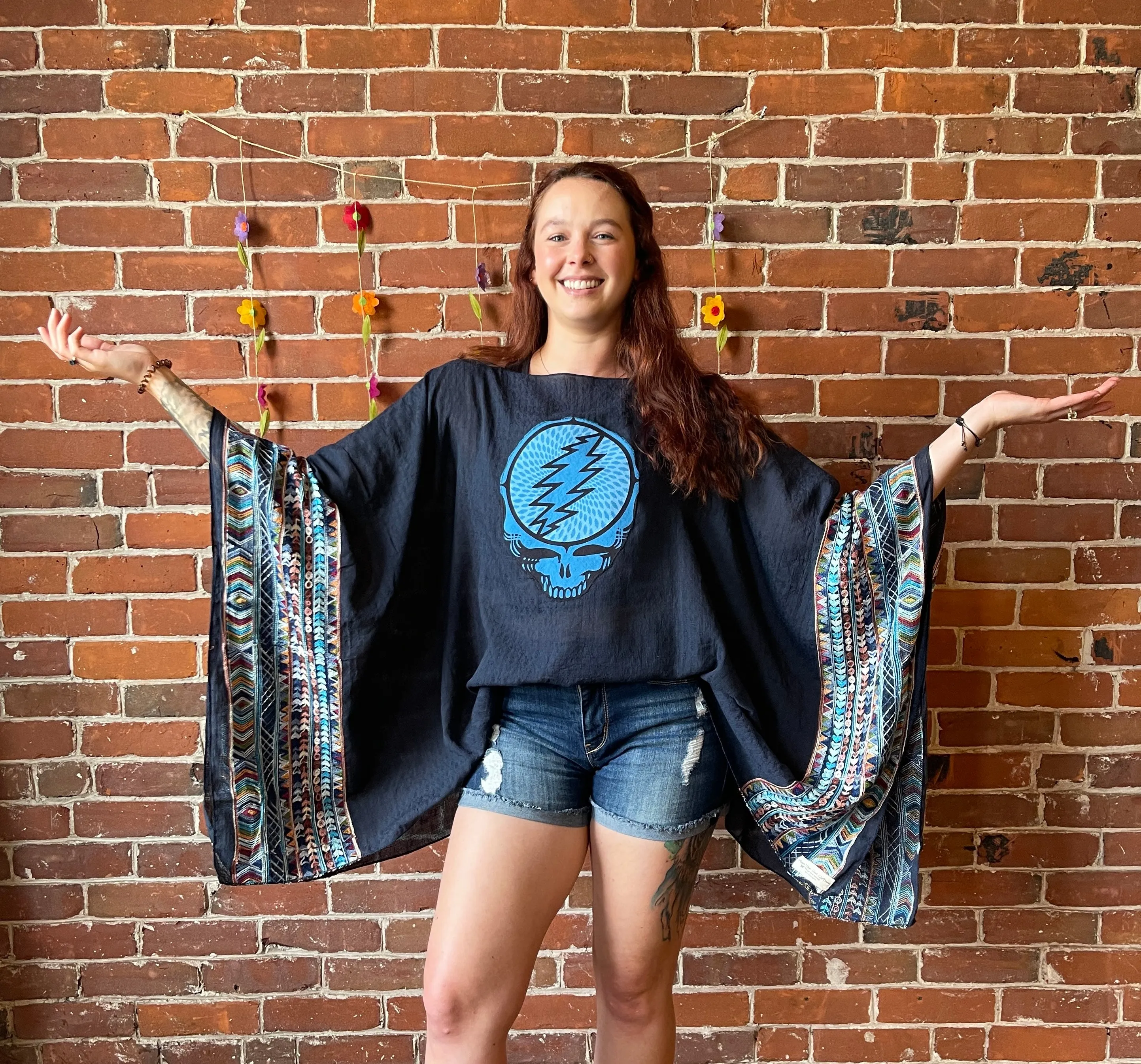 Grateful Dead Inspired Blue/Navy Embroidered Poncho