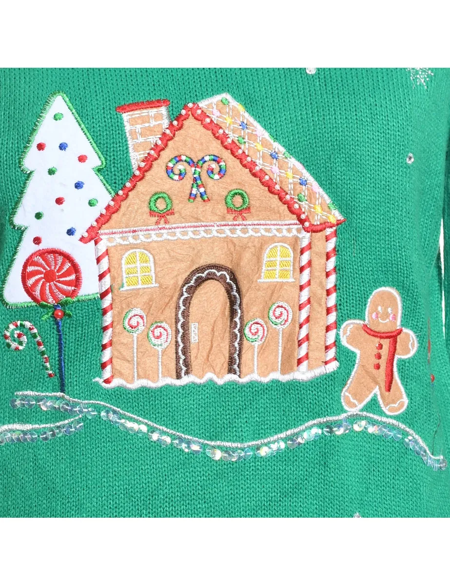 Green Classic Knit Embroidered Christmas Jumper - M