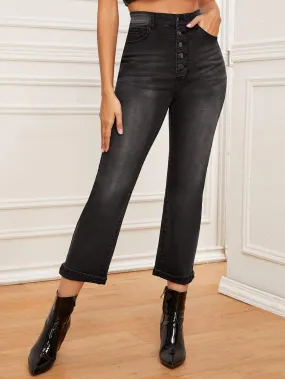 Grey High Waist Button Fly Cropped Jeans