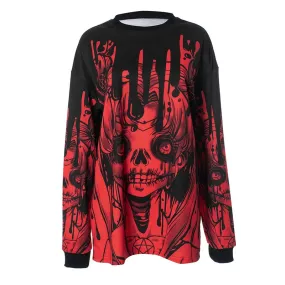 Halloween Graphic Baggy Hoodies Sweatshirts Y2k Emo Gothic Clothes Long Sleeve Tees Pullovers Women P85-CG32