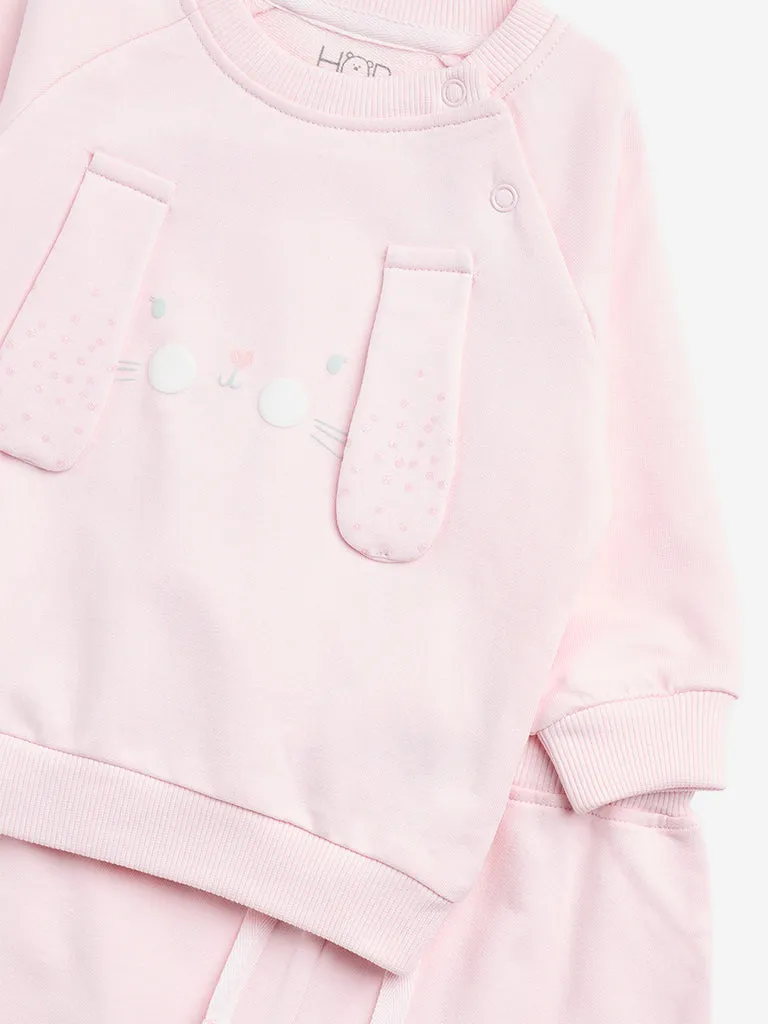 HOP Baby Pink Animal Design Cotton Sweatshirt with Pants Set