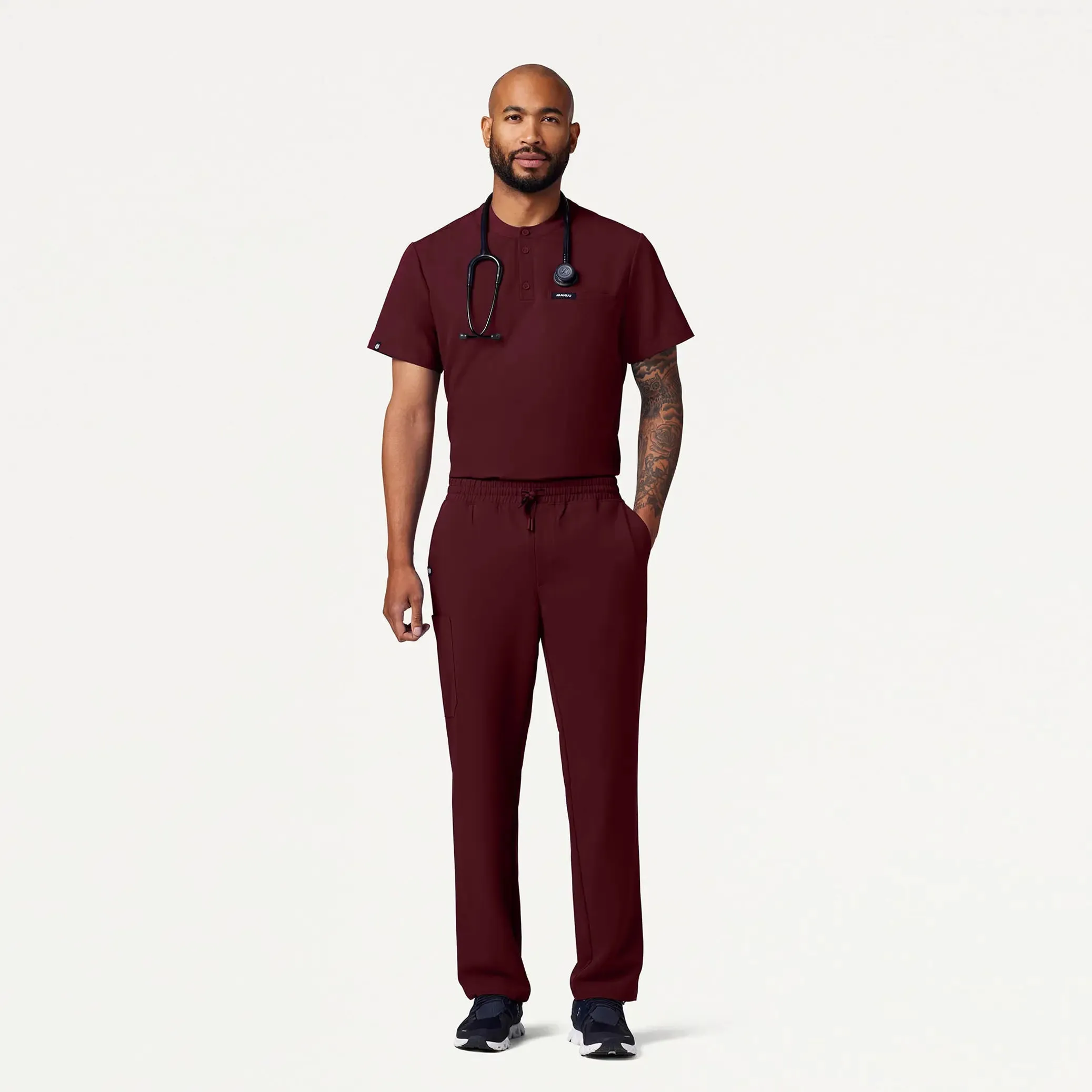 Jaanuu Men's Reeve Henley Scrub Top - Burgundy