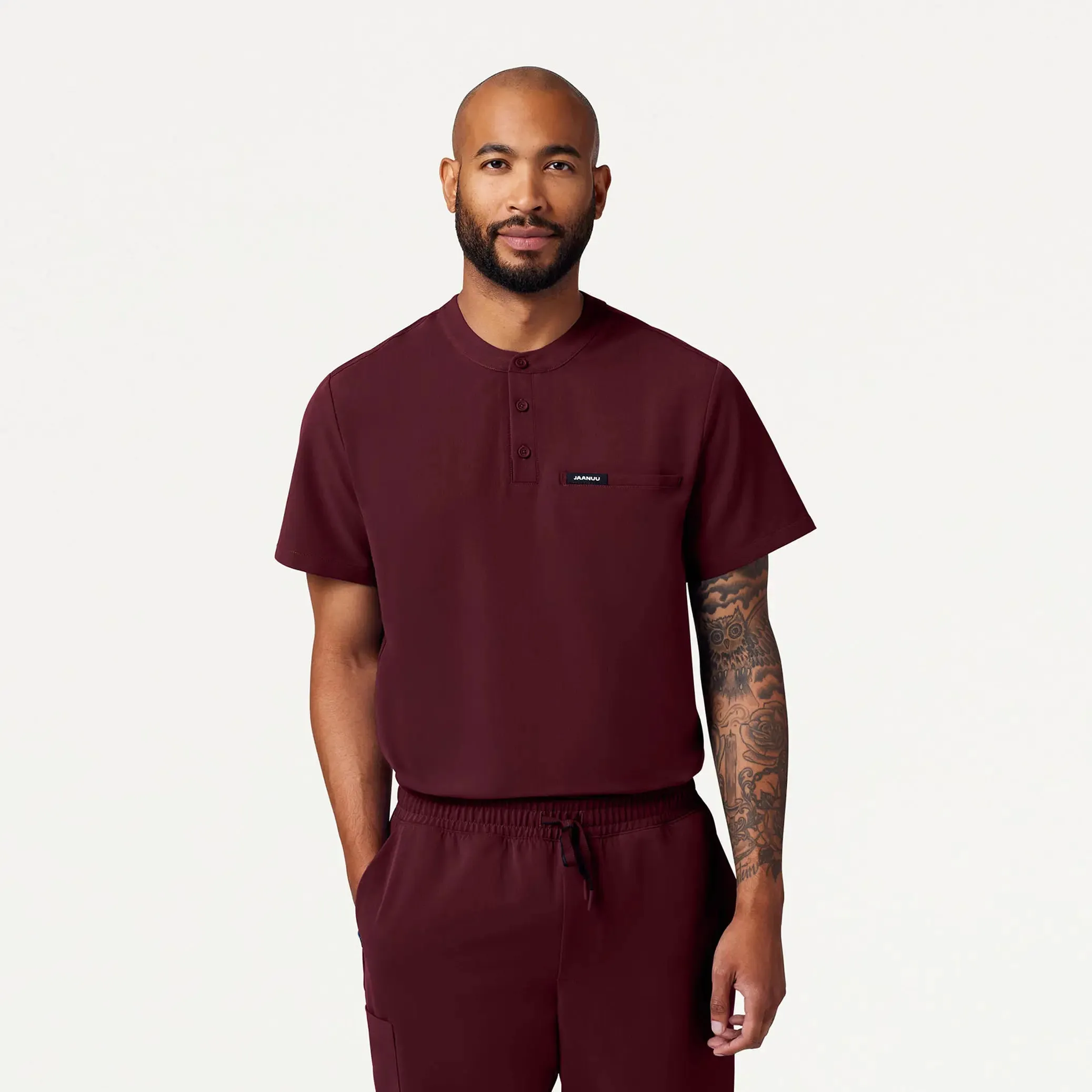 Jaanuu Men's Reeve Henley Scrub Top - Burgundy