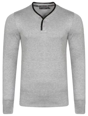 Kallias Faux Leather Trim Henley Jumper in Light Grey Marl - Kensington Eastside