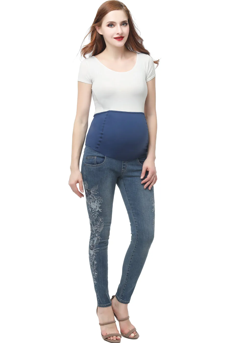 Kimi   Kai Maternity Embroidered Over the Belly Skinny Jeans