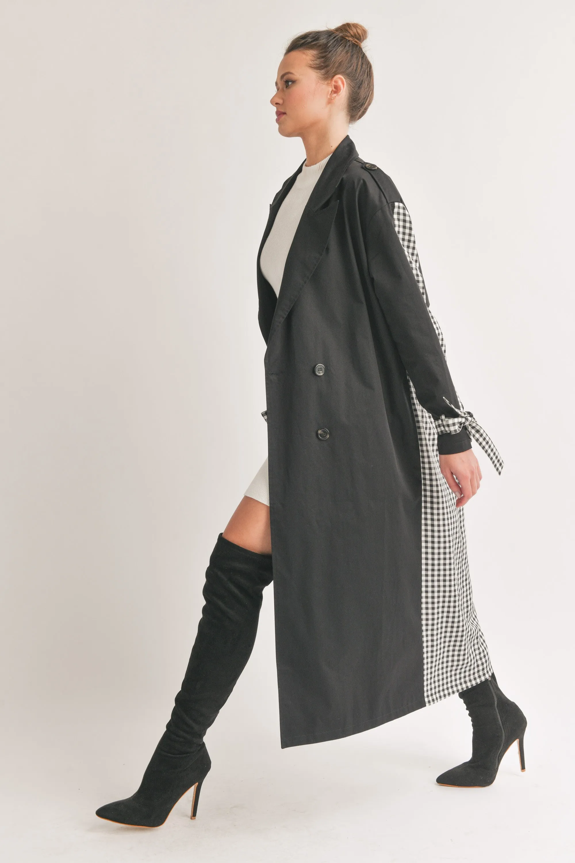 LAUREN BLACK AND WHITE CHECKERED TRENCH COAT