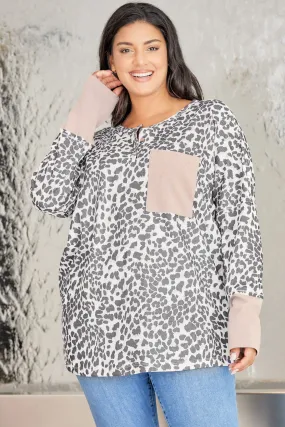 Leopard Plus Size Waffle Knit Patchwork Long Sleeve Henley Top