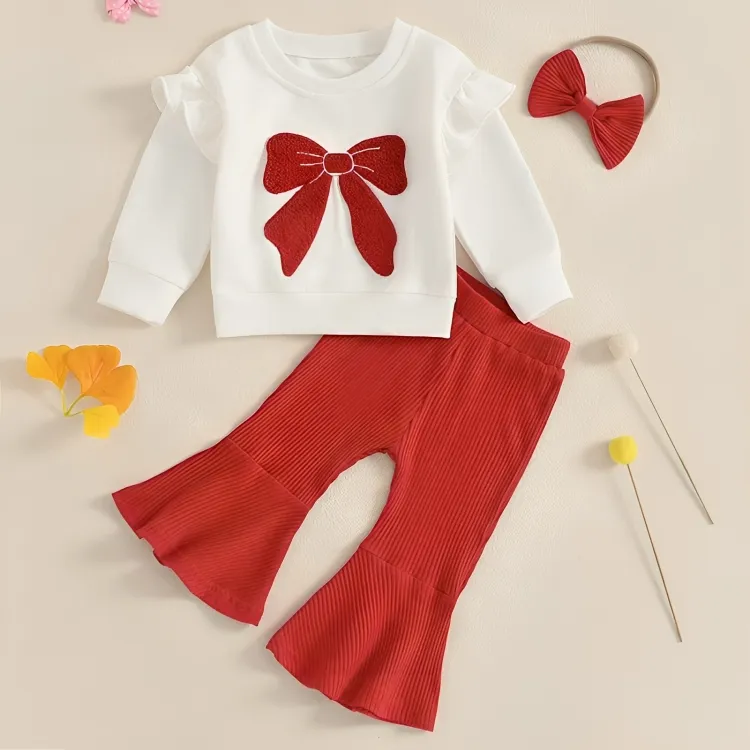 Long Sleeve Red Bow Flared Pants Baby Set