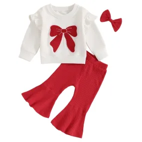 Long Sleeve Red Bow Flared Pants Baby Set