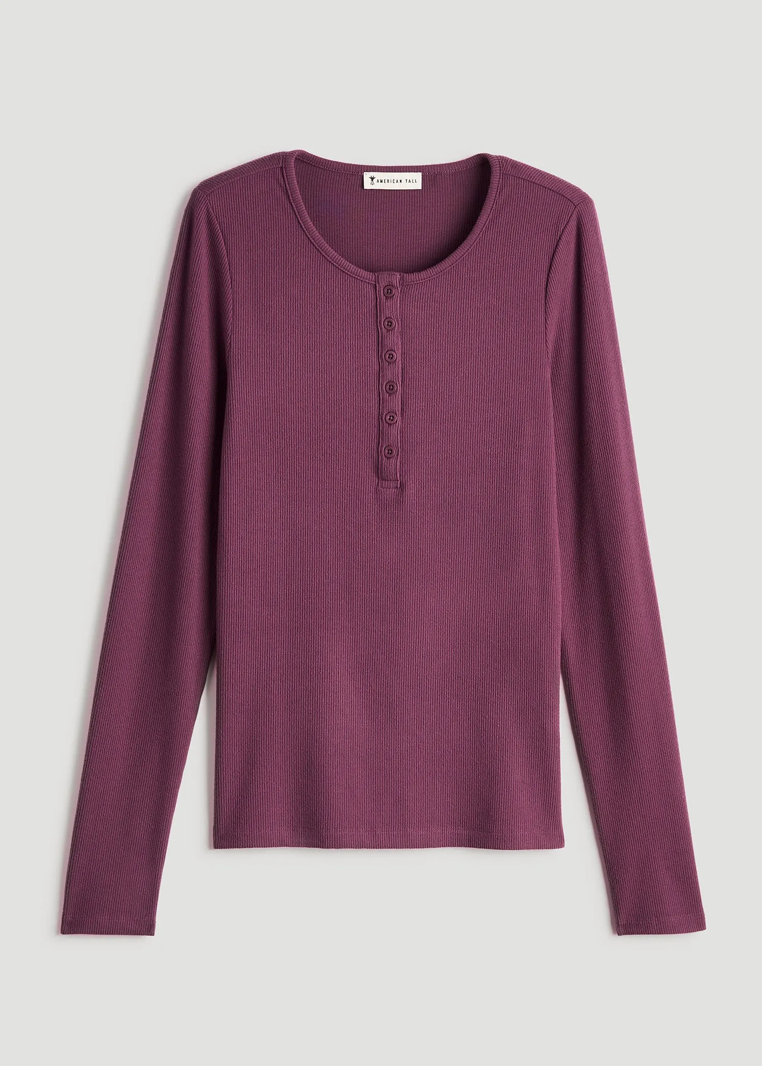 Long Sleeve Ribbed Crewneck Women's Tall Henley Shirt in Purple Gumdrop