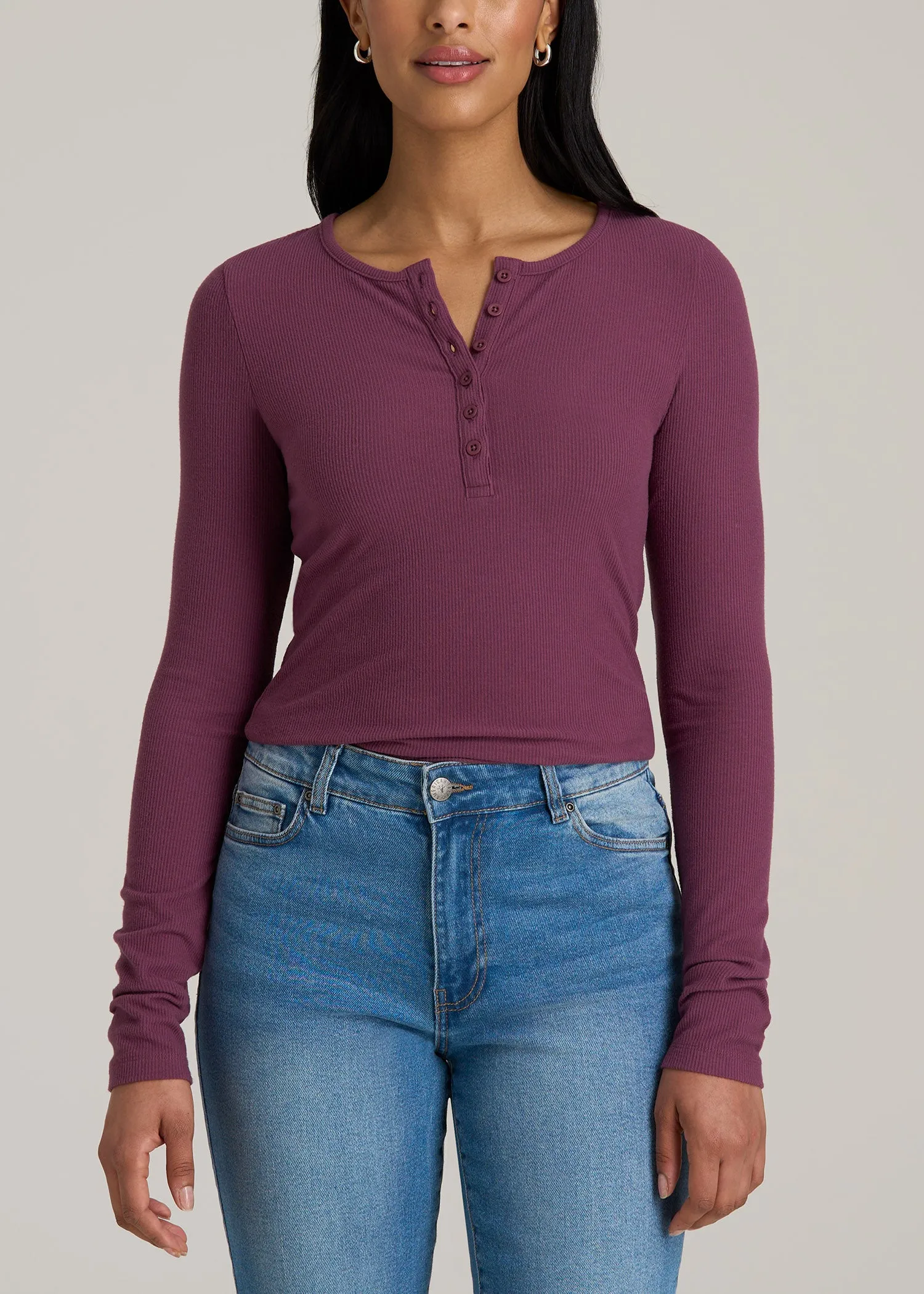 Long Sleeve Ribbed Crewneck Women's Tall Henley Shirt in Purple Gumdrop