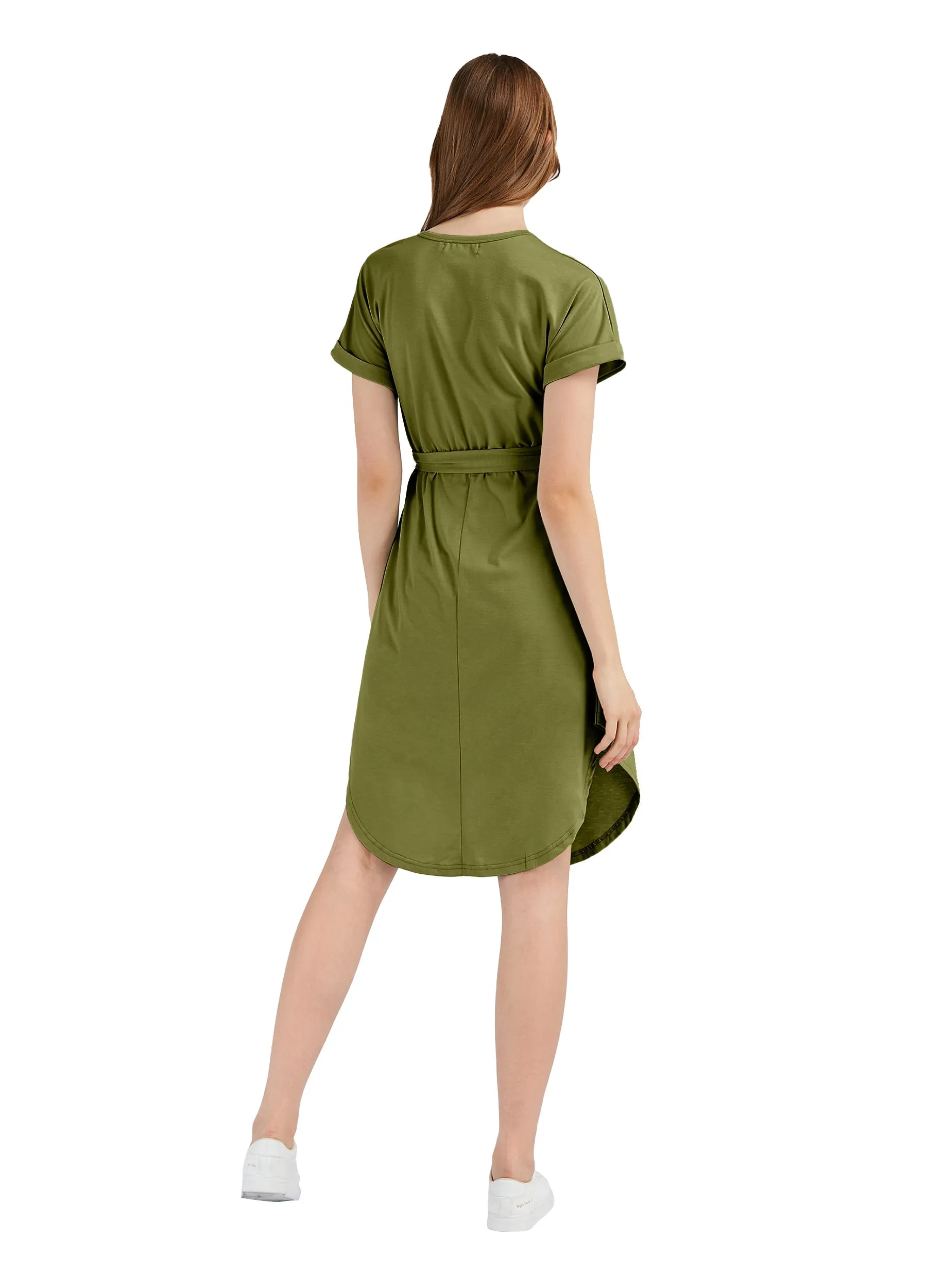 MECALA Women's Short Sleeve High Low Hem Plain Casual Dress With Belt