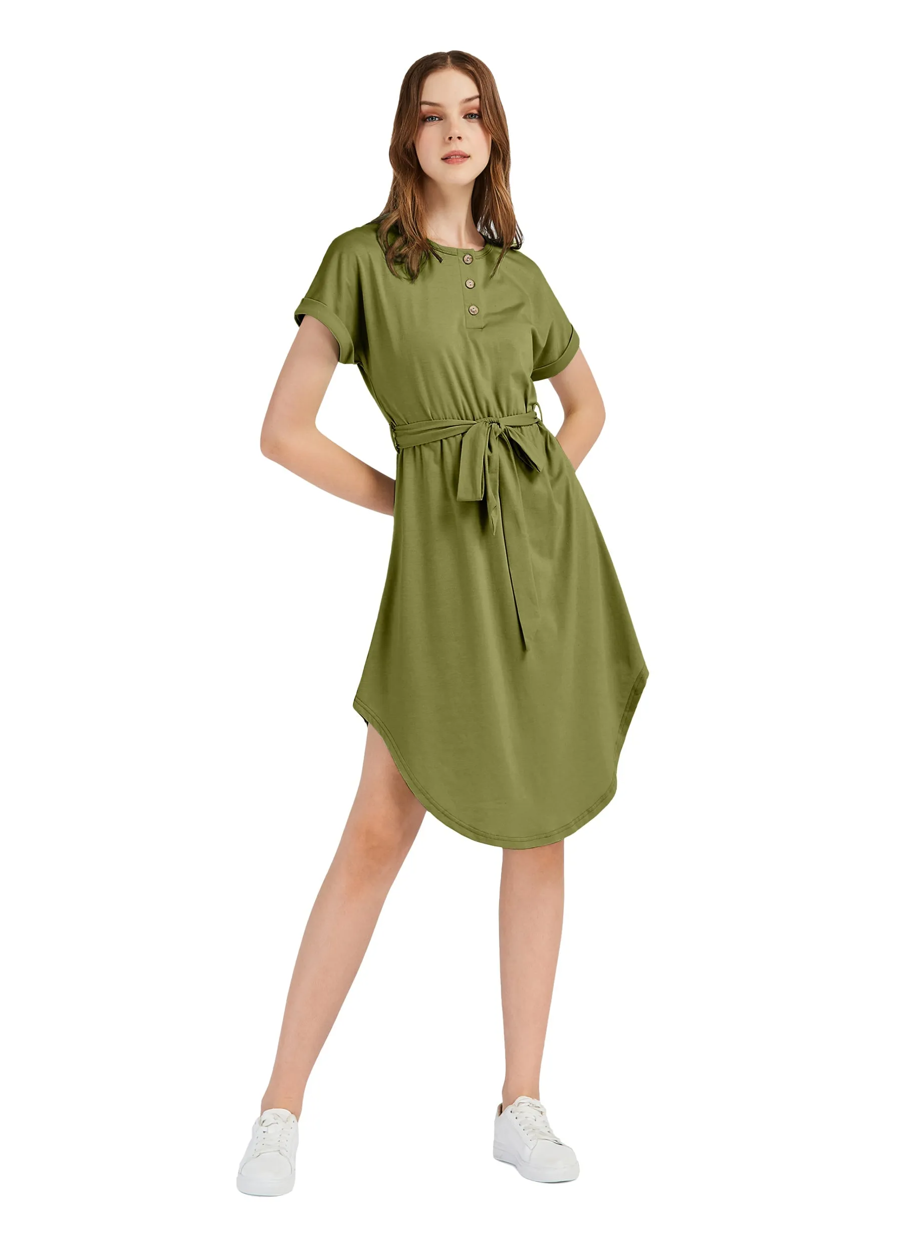 MECALA Women's Short Sleeve High Low Hem Plain Casual Dress With Belt