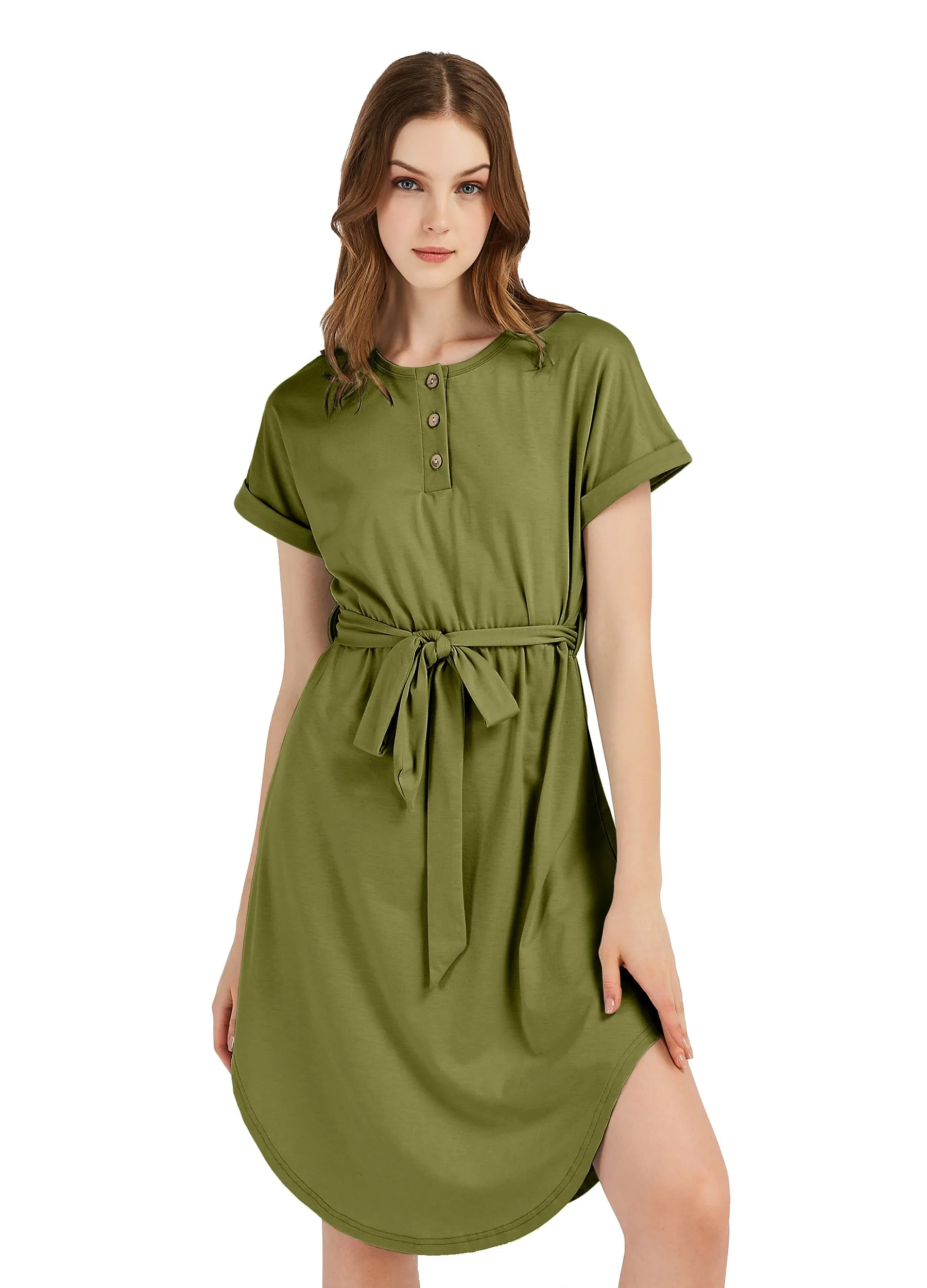 MECALA Women's Short Sleeve High Low Hem Plain Casual Dress With Belt