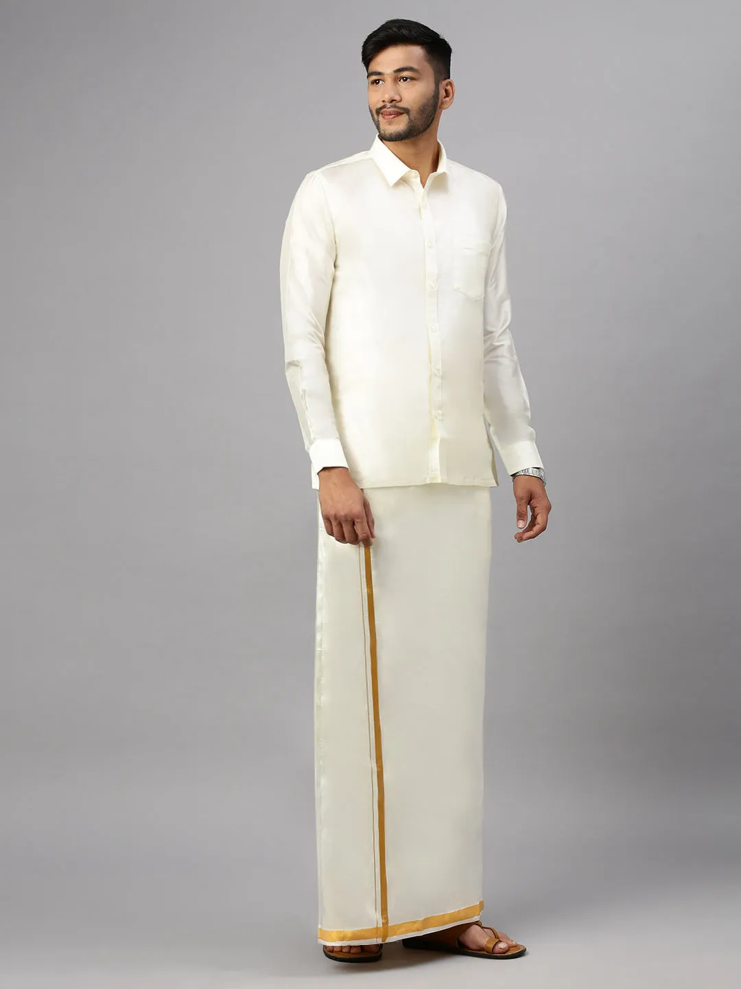 Men Art Silk Cream Full Sleeves Shirt Readymade Double Dhoti & Towel Combo