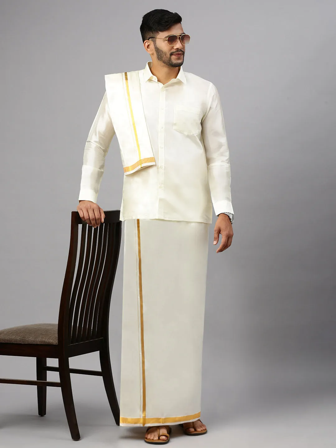 Men Art Silk Cream Full Sleeves Shirt Readymade Double Dhoti & Towel Combo