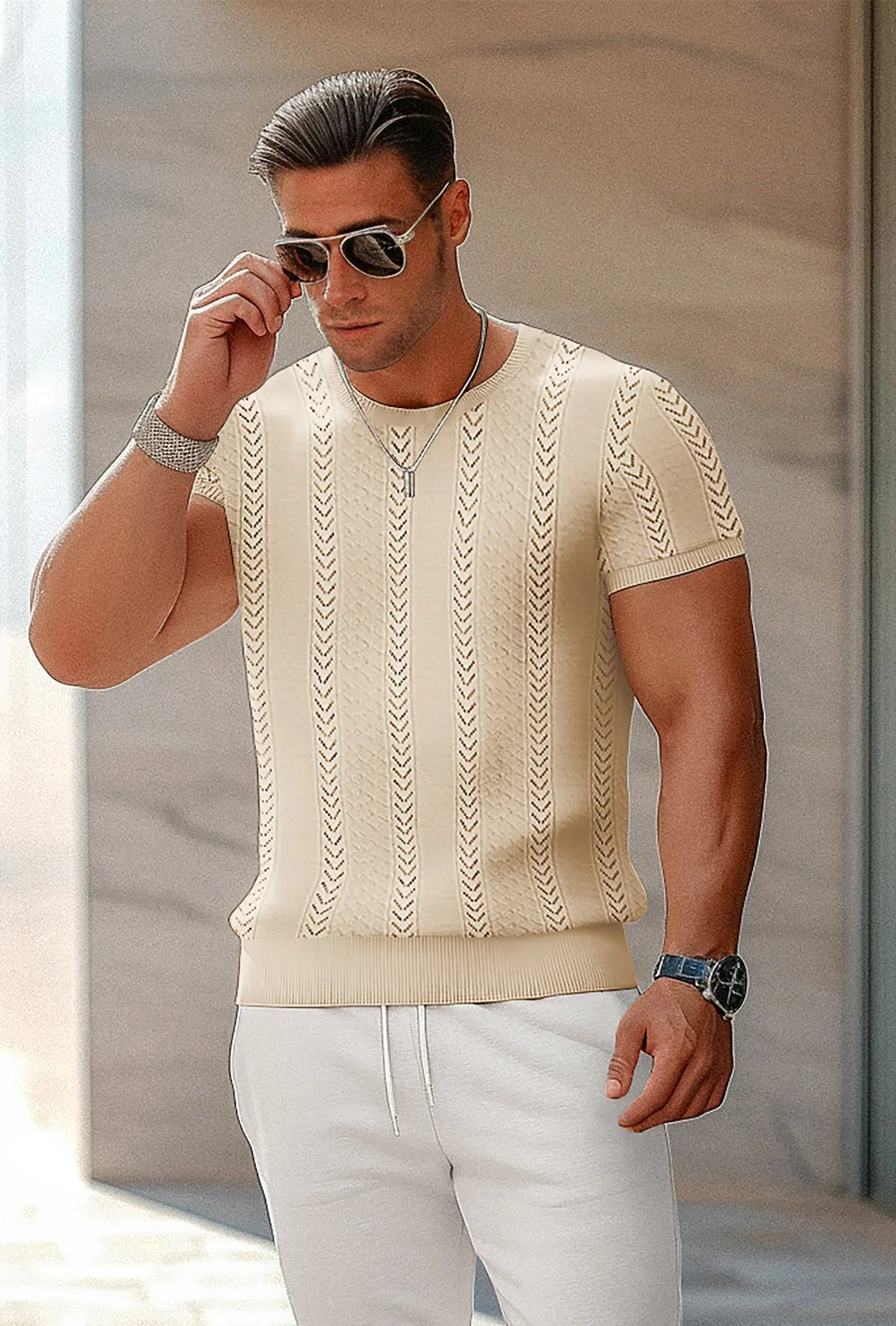 Men's Casual Knit Short Sleeve Crewneck Hollow Out Knitted Pullover T-Shirts