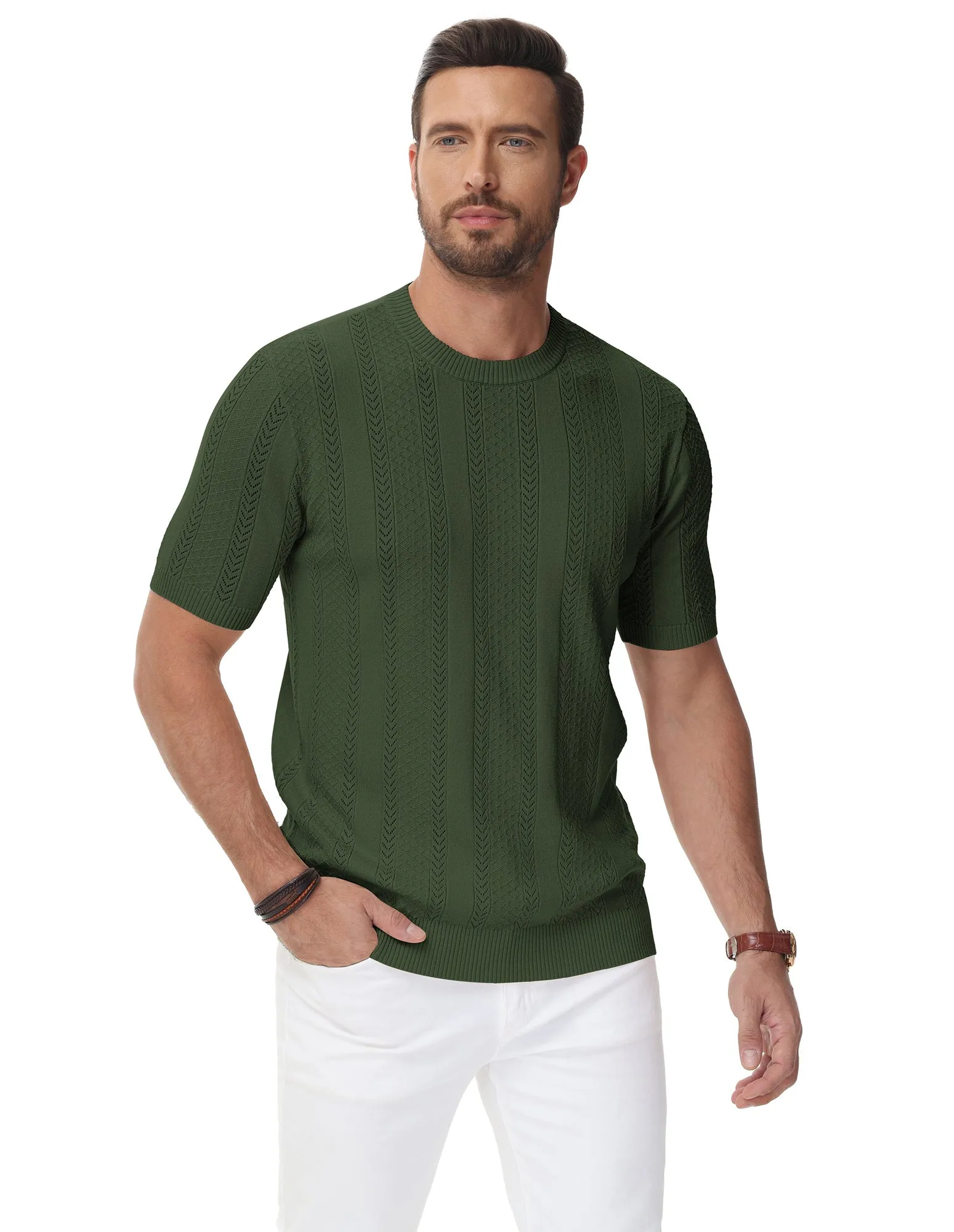 Men's Casual Knit Short Sleeve Crewneck Hollow Out Knitted Pullover T-Shirts