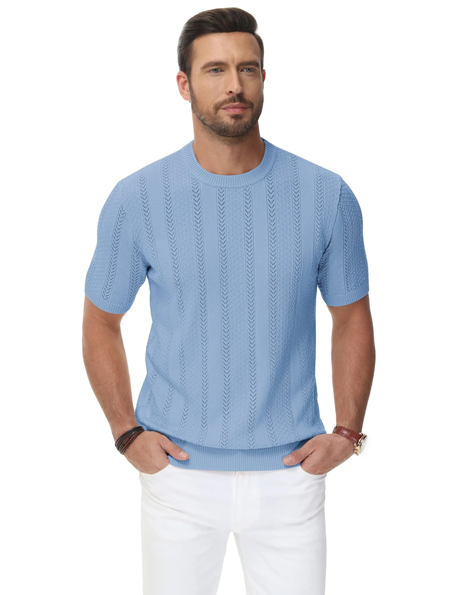 Men's Casual Knit Short Sleeve Crewneck Hollow Out Knitted Pullover T-Shirts