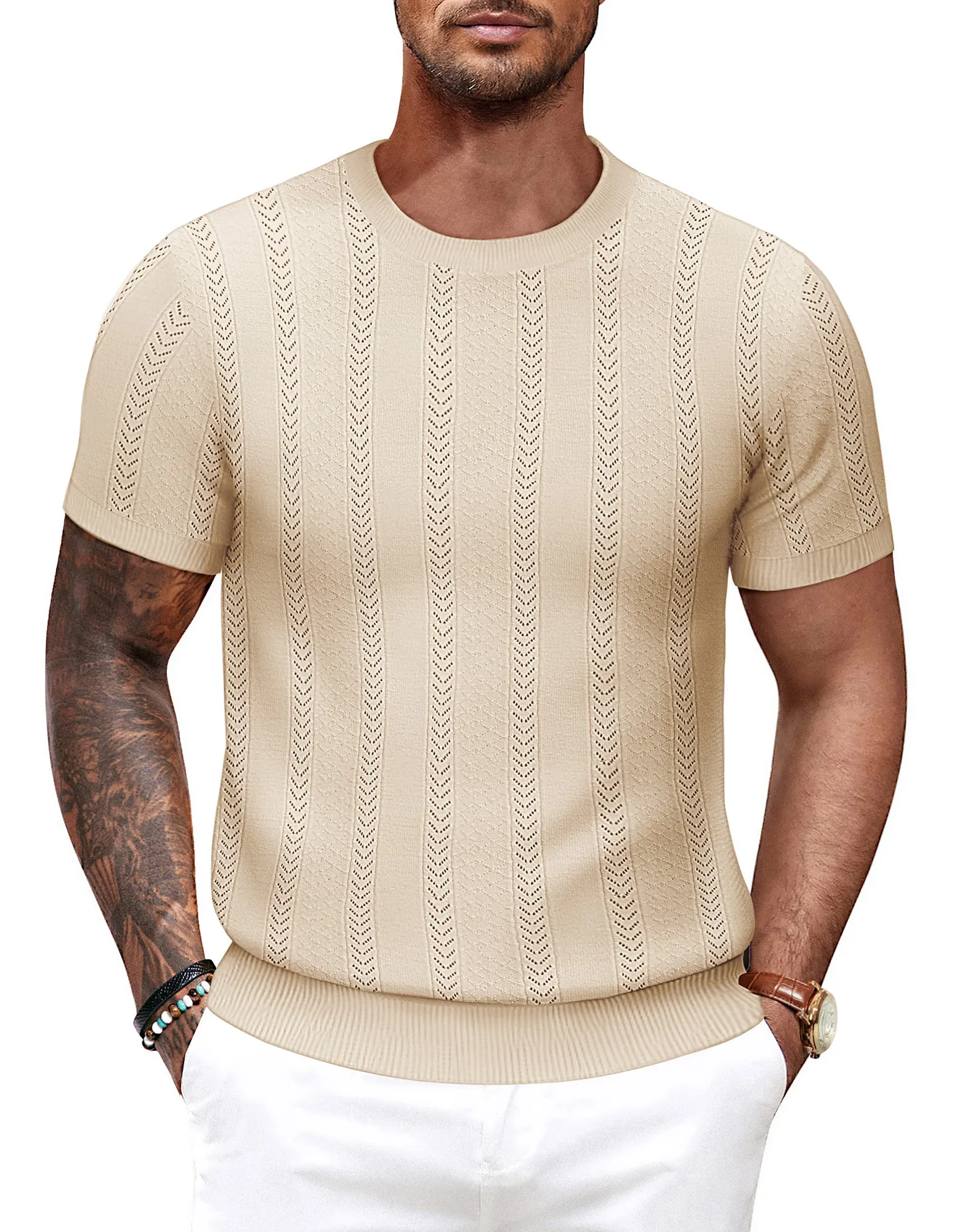 Men's Casual Knit Short Sleeve Crewneck Hollow Out Knitted Pullover T-Shirts