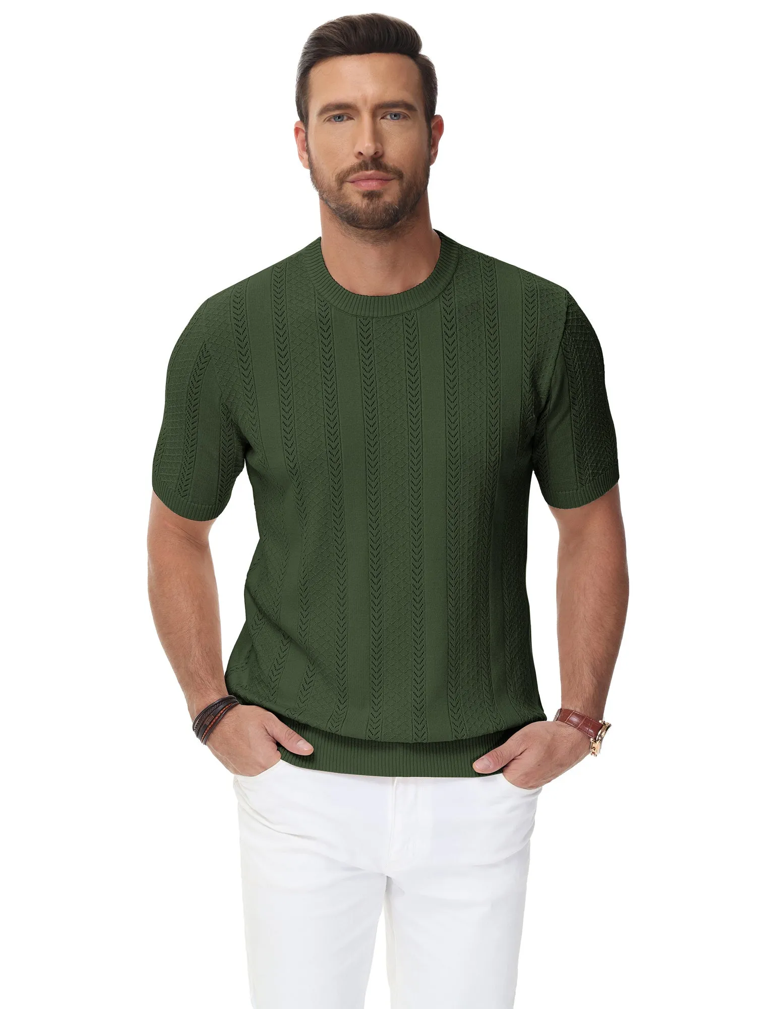 Men's Casual Knit Short Sleeve Crewneck Hollow Out Knitted Pullover T-Shirts