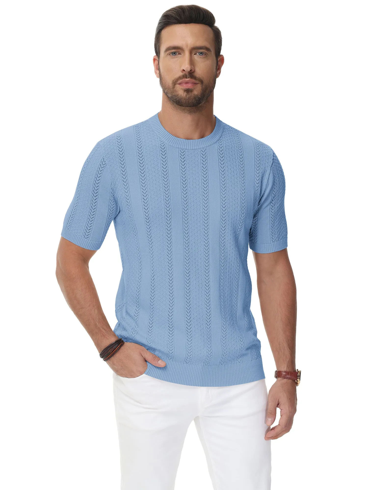 Men's Casual Knit Short Sleeve Crewneck Hollow Out Knitted Pullover T-Shirts