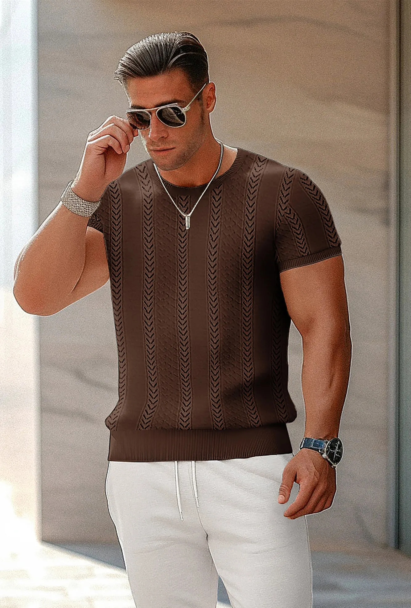 Men's Casual Knit Short Sleeve Crewneck Hollow Out Knitted Pullover T-Shirts