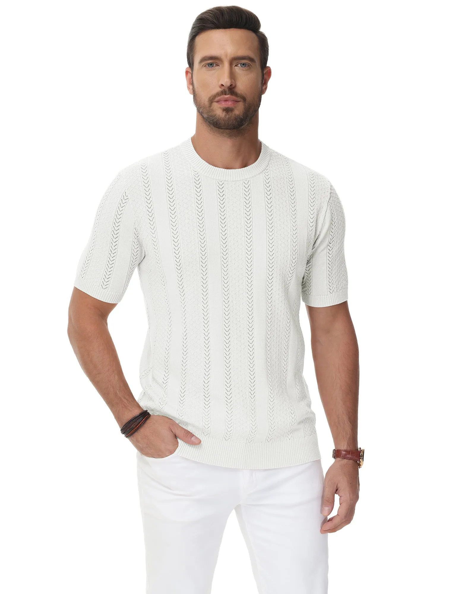 Men's Casual Knit Short Sleeve Crewneck Hollow Out Knitted Pullover T-Shirts