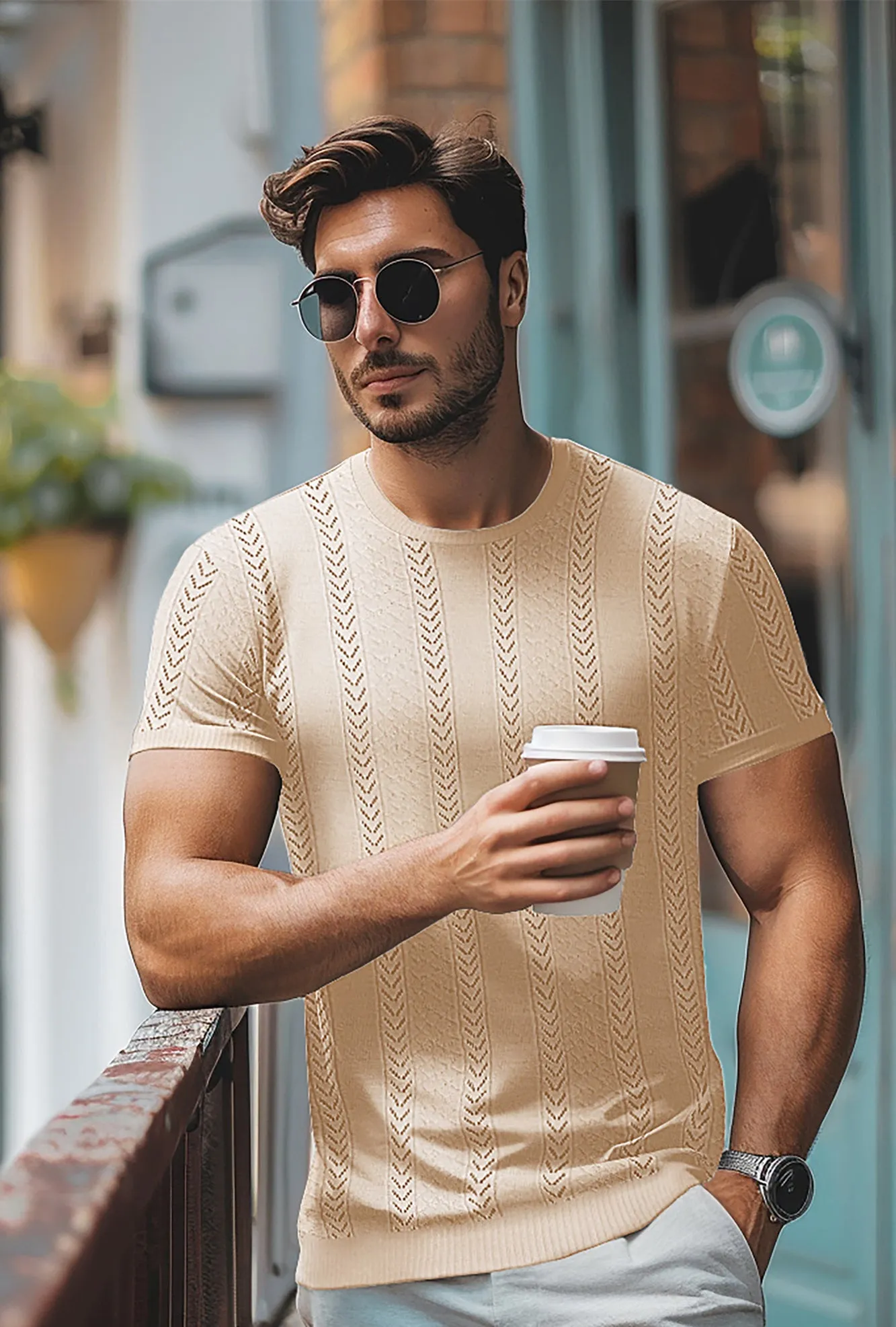 Men's Casual Knit Short Sleeve Crewneck Hollow Out Knitted Pullover T-Shirts