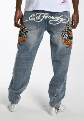 Mens Hell-Cats Tattoo Graphic Denim Trousers Jeans - Bleach