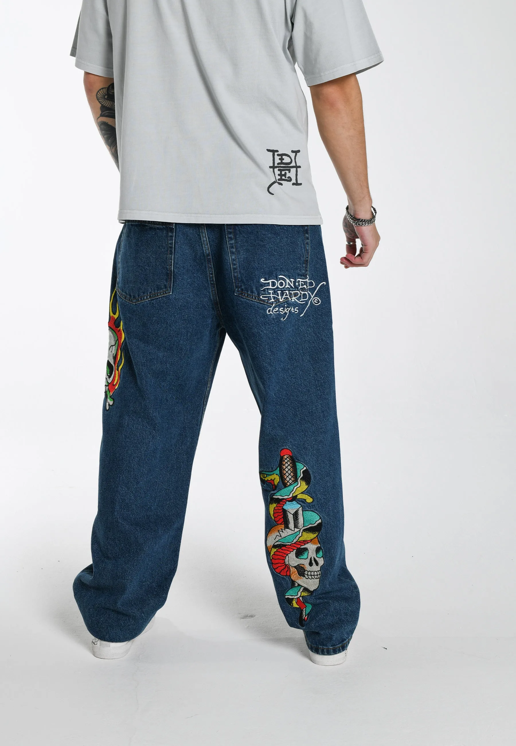 Mens Skull-Snake-Dagger Tattoo Graphic Denim Trousers Jeans - Indigo