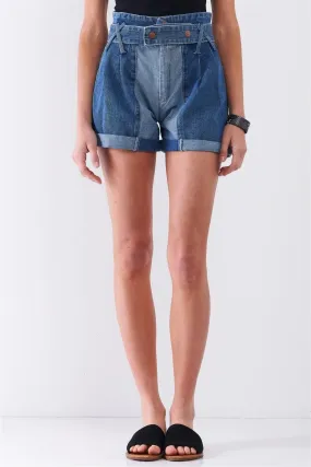 Mid-Blue Two Tone Wash High-Waisted Cuffed Denim Mom Shorts