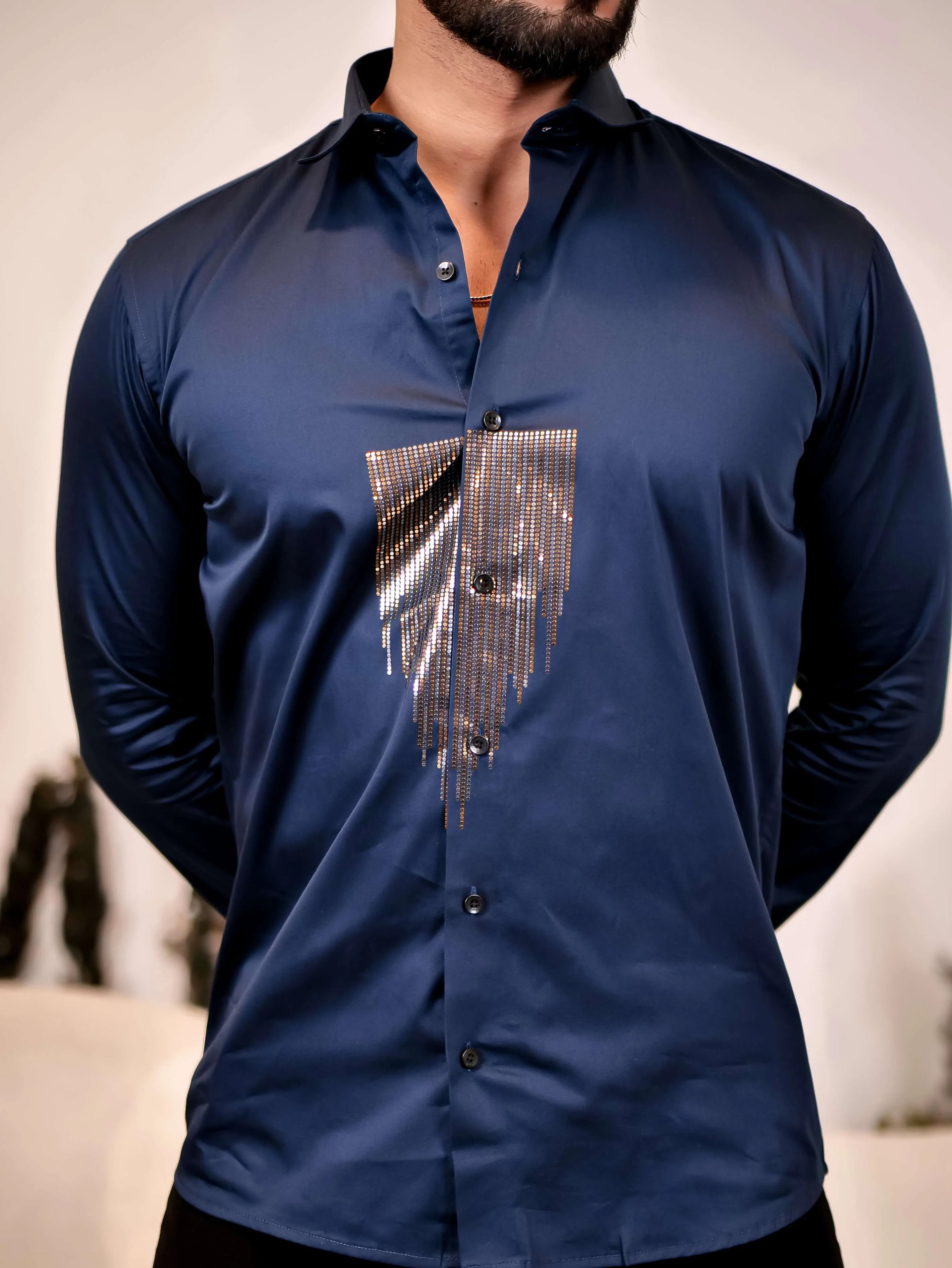 Navy Blue Sequence Club Wear Satin Cotton Party Shirt