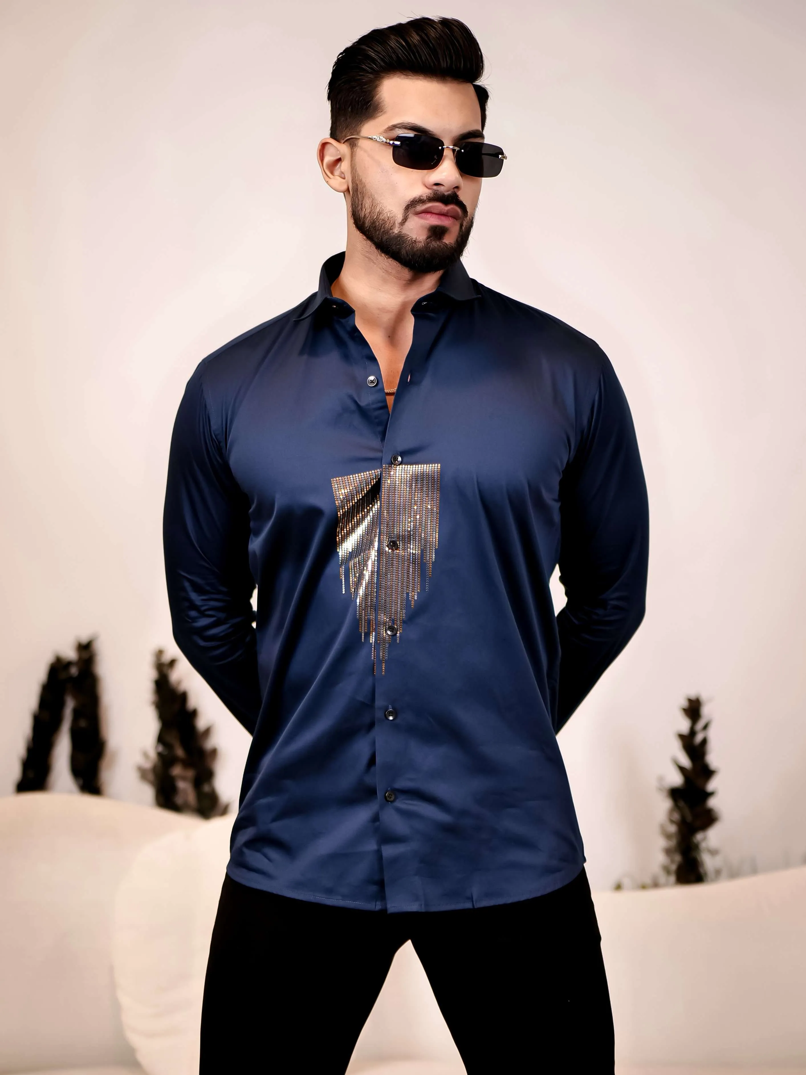 Navy Blue Sequence Club Wear Satin Cotton Party Shirt