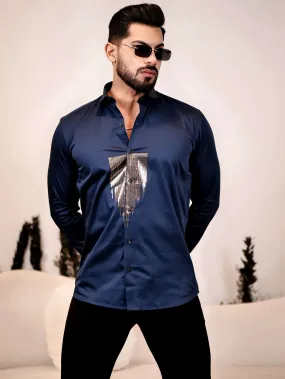 Navy Blue Sequence Club Wear Satin Cotton Party Shirt