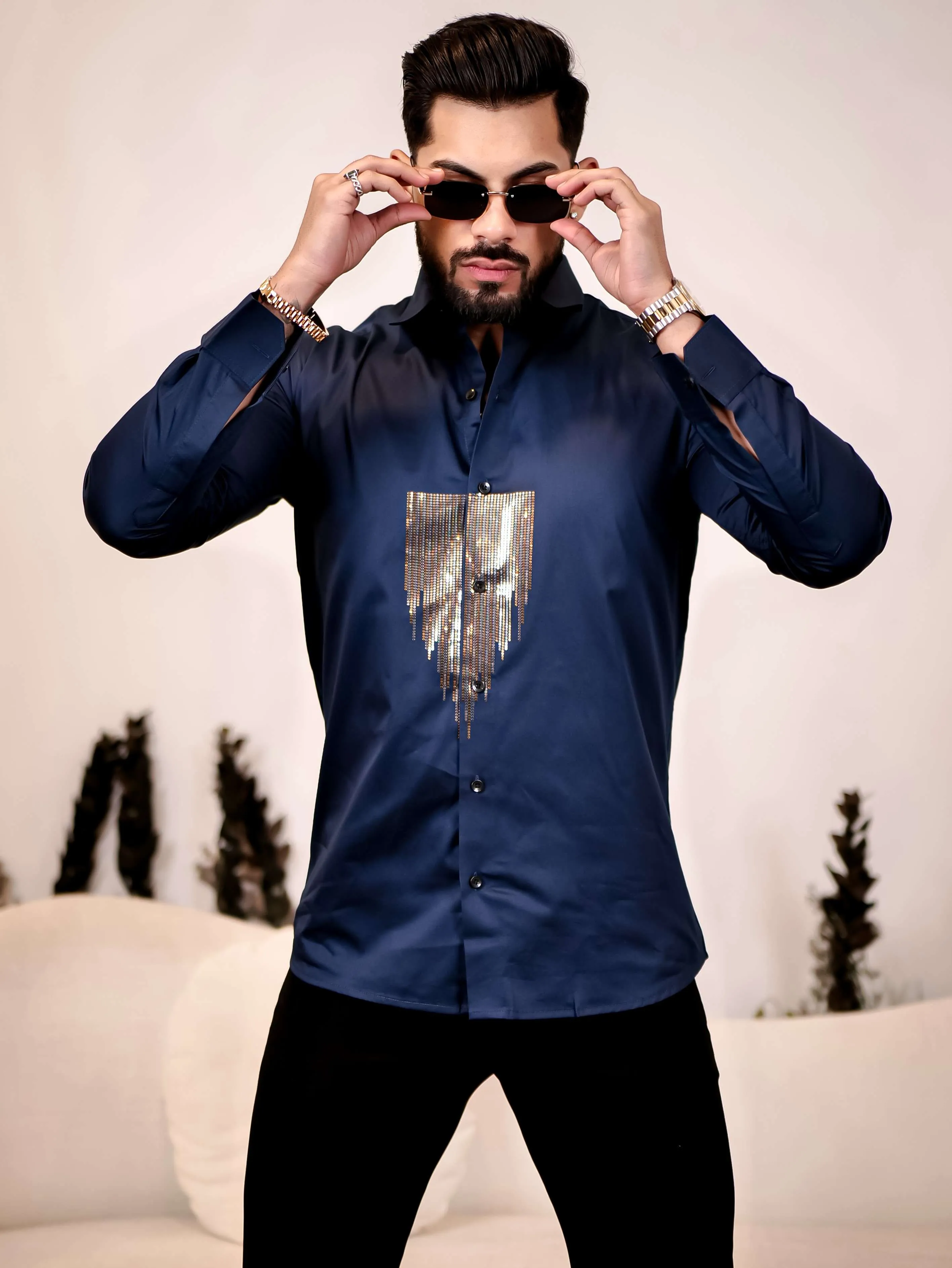 Navy Blue Sequence Club Wear Satin Cotton Party Shirt