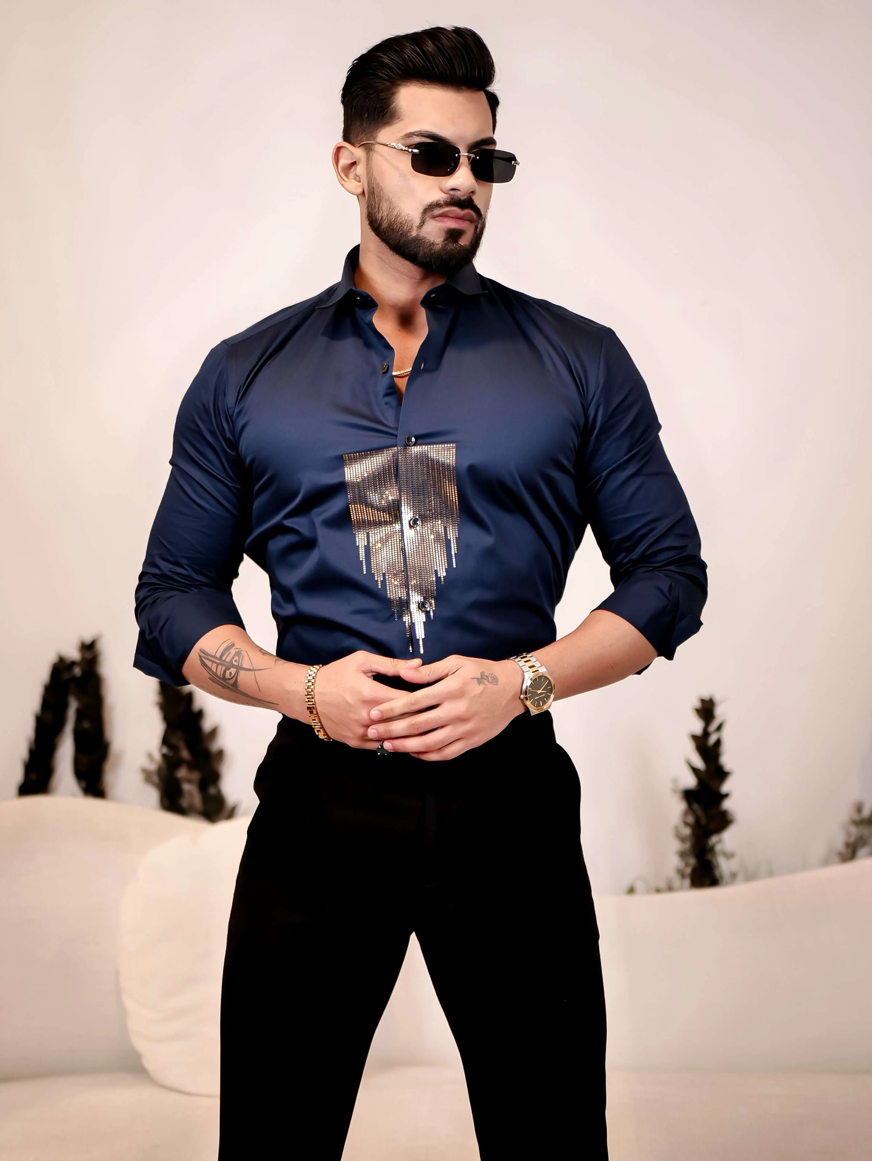 Navy Blue Sequence Club Wear Satin Cotton Party Shirt