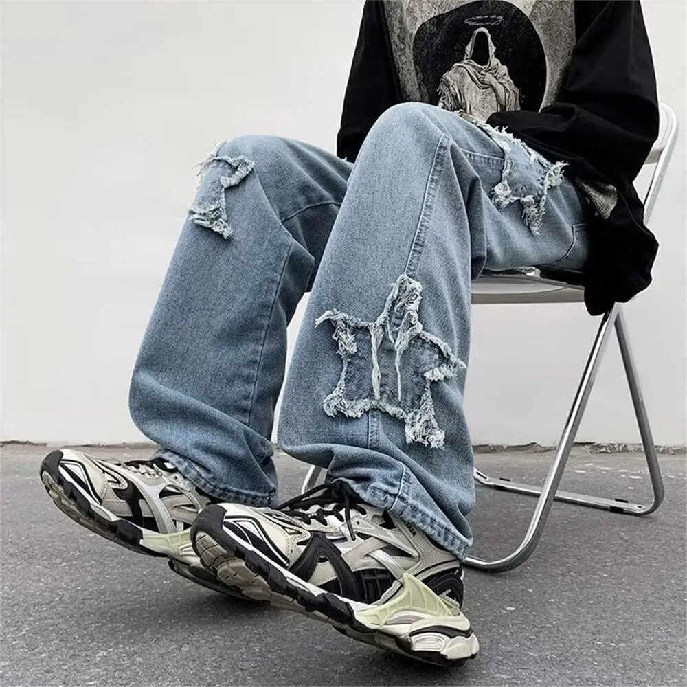 New Fashion Stars Embroidery Brown Baggy Men Jeans Y2K Clothes Straight Harajuku Wide Leg Denim Pants Cotton Trousers 2023