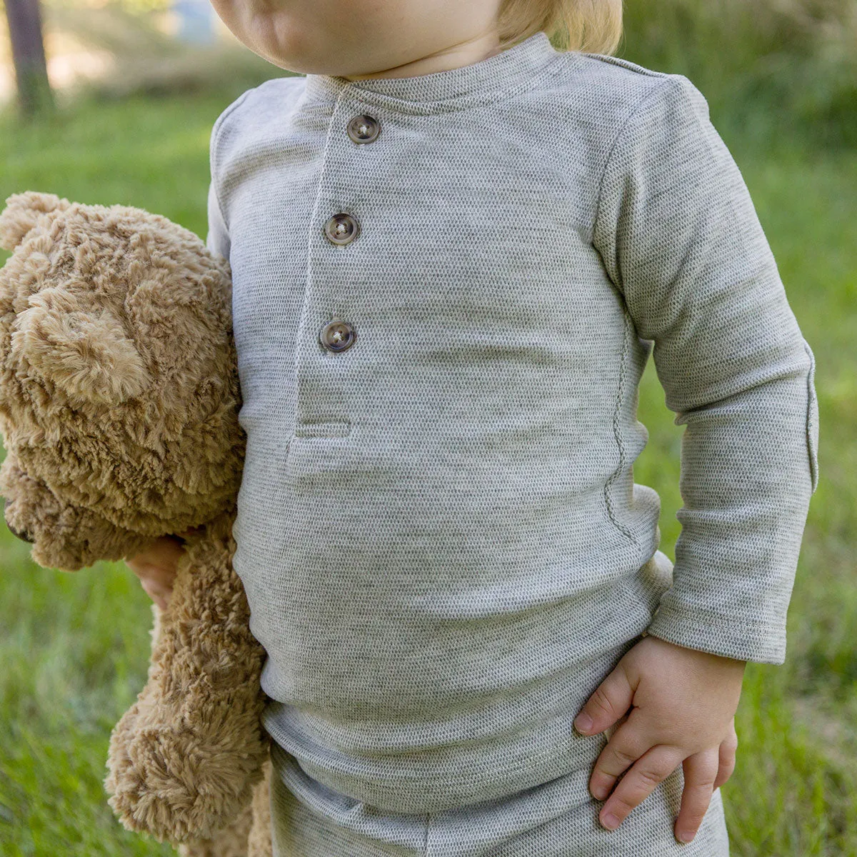 oh baby! Mini Honeycomb Elbow Patch Henley Set - Sand