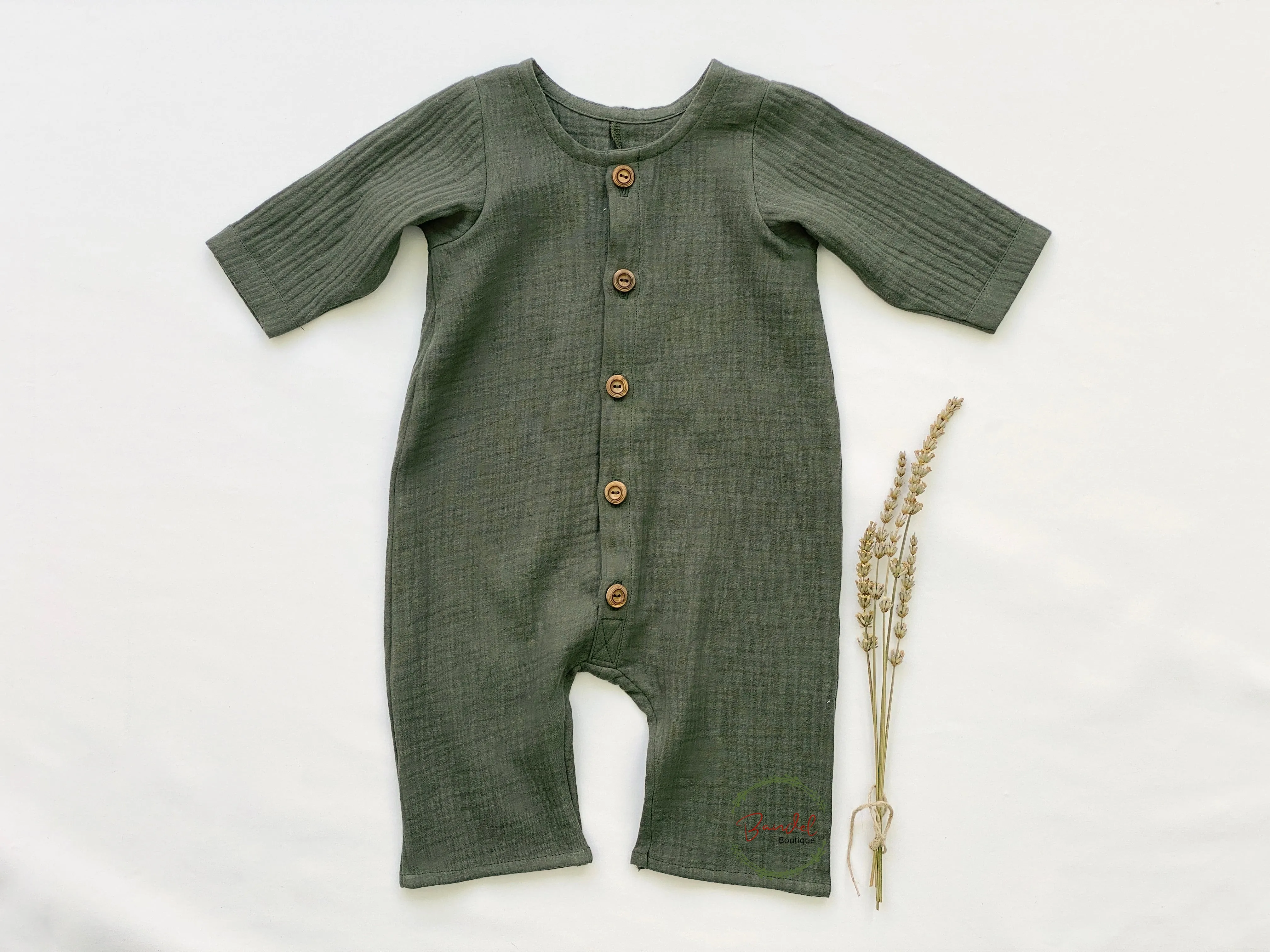 Olive-Green Muslin Henley Romper