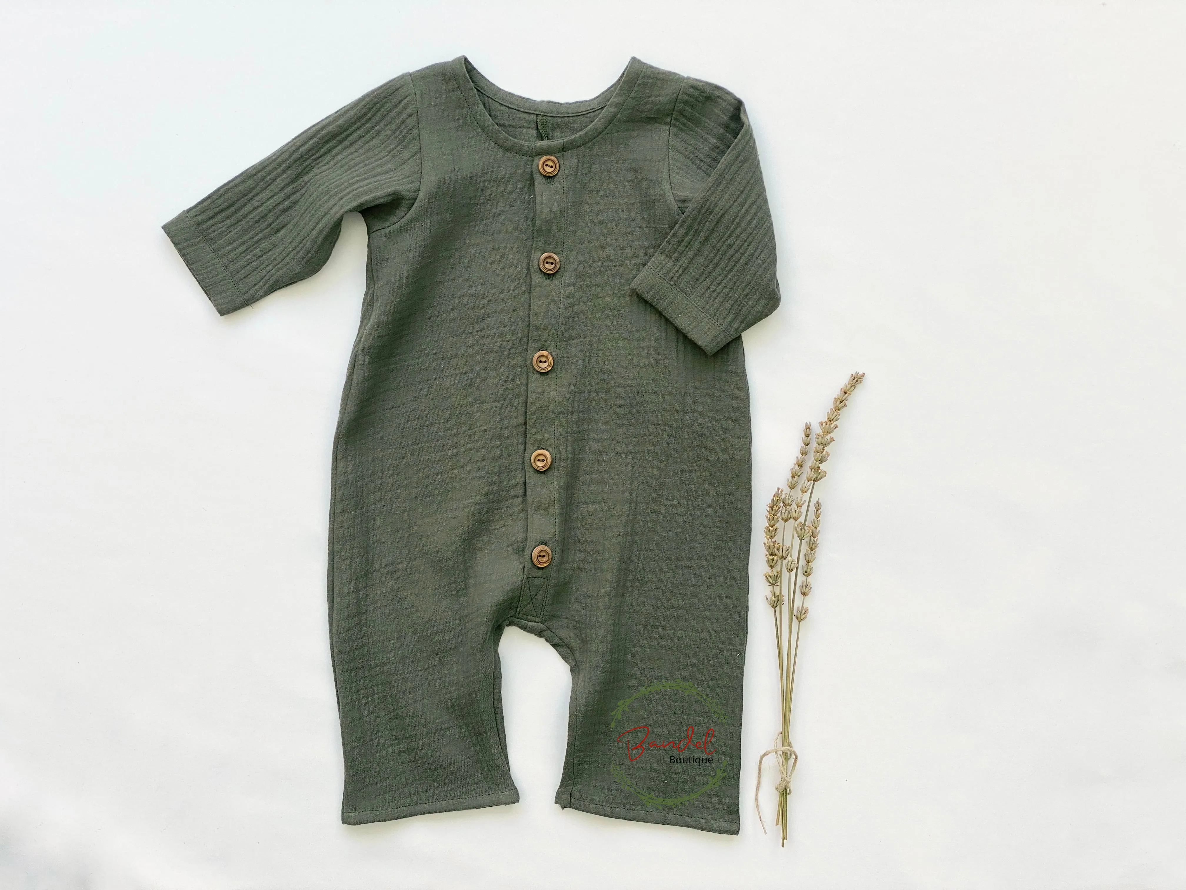 Olive-Green Muslin Henley Romper