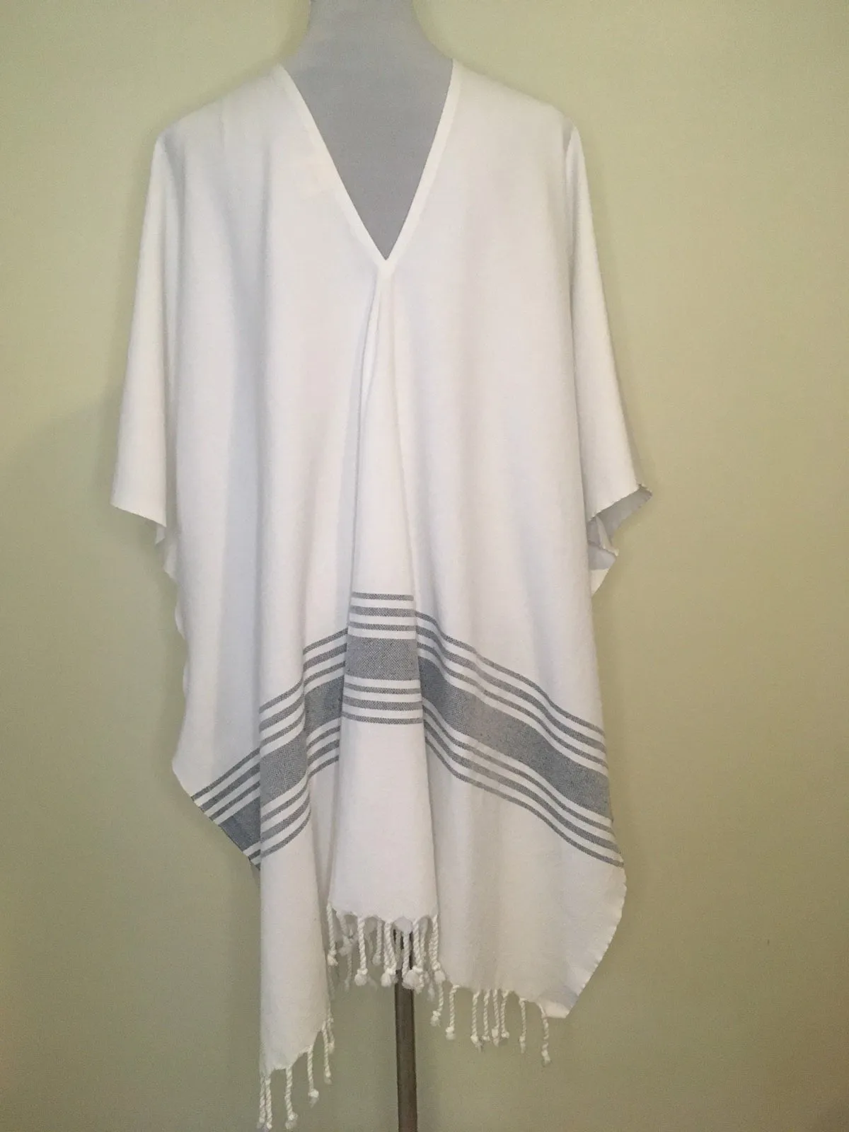 Peshtemal Poncho Style Cover Up with Tassel - Grey Stripe