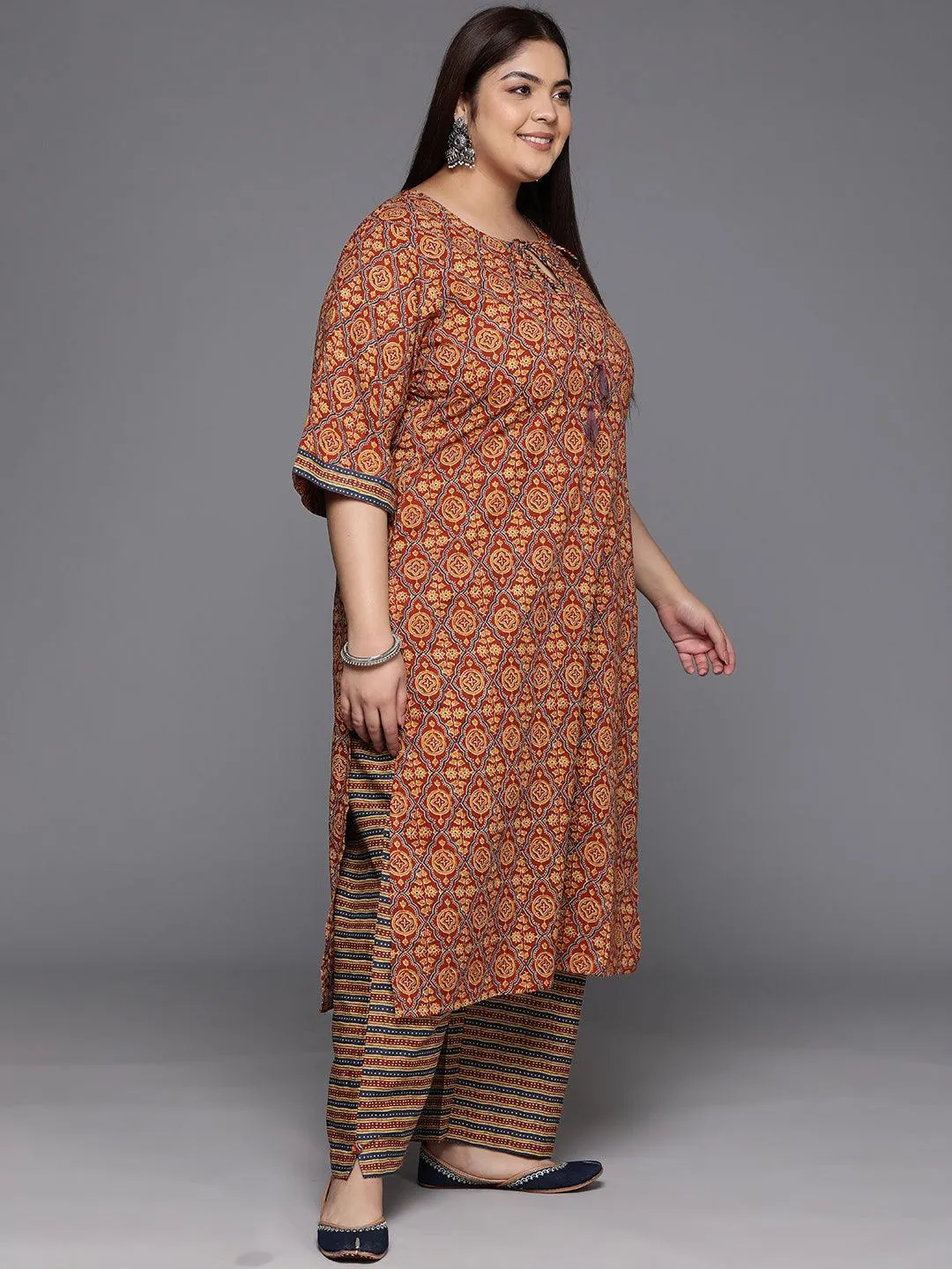 Plus Size Maroon Printed Cotton Straight Suit With Dupatta