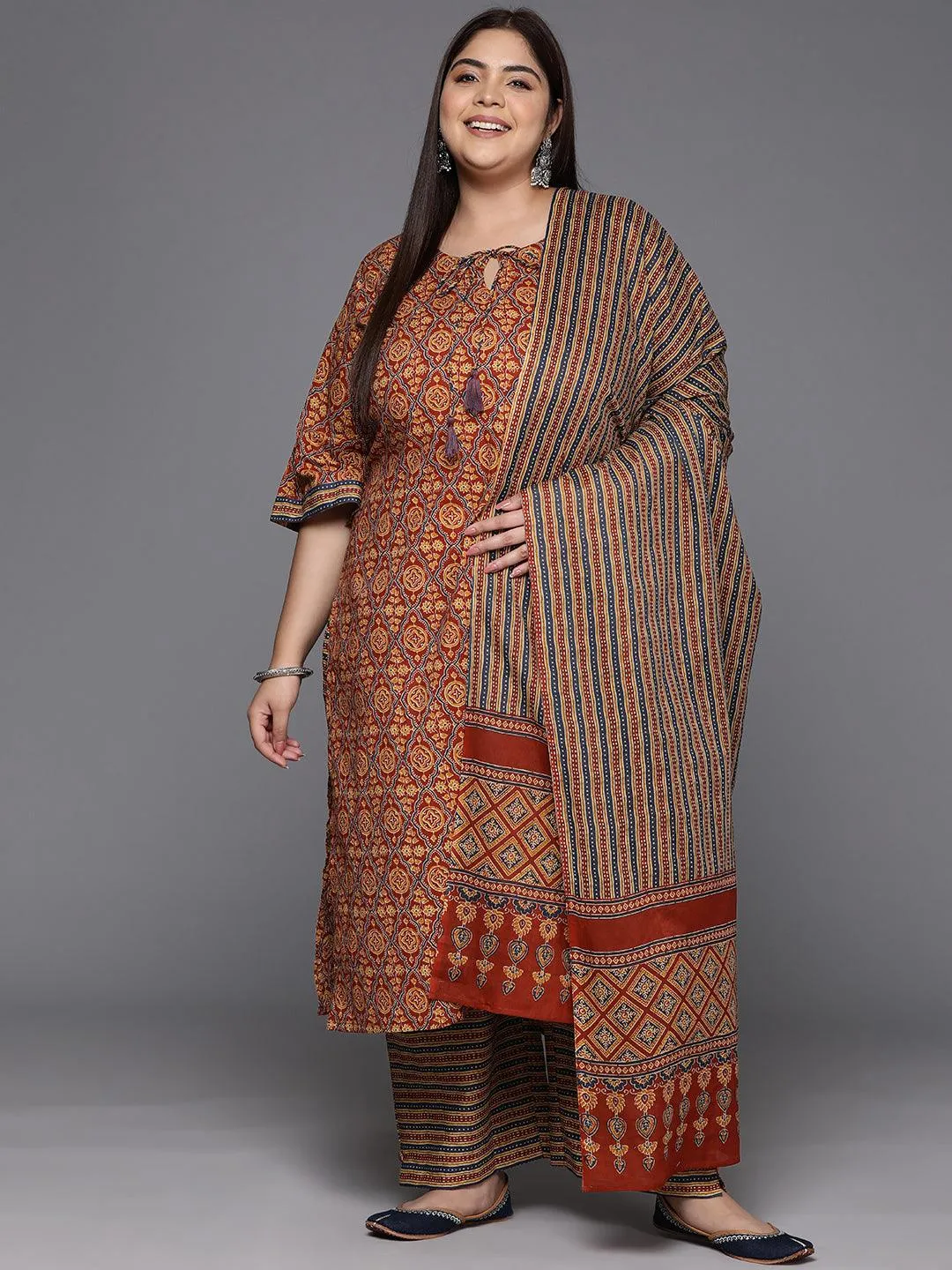 Plus Size Maroon Printed Cotton Straight Suit With Dupatta