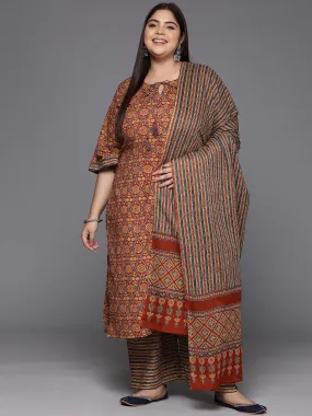 Plus Size Maroon Printed Cotton Straight Suit With Dupatta