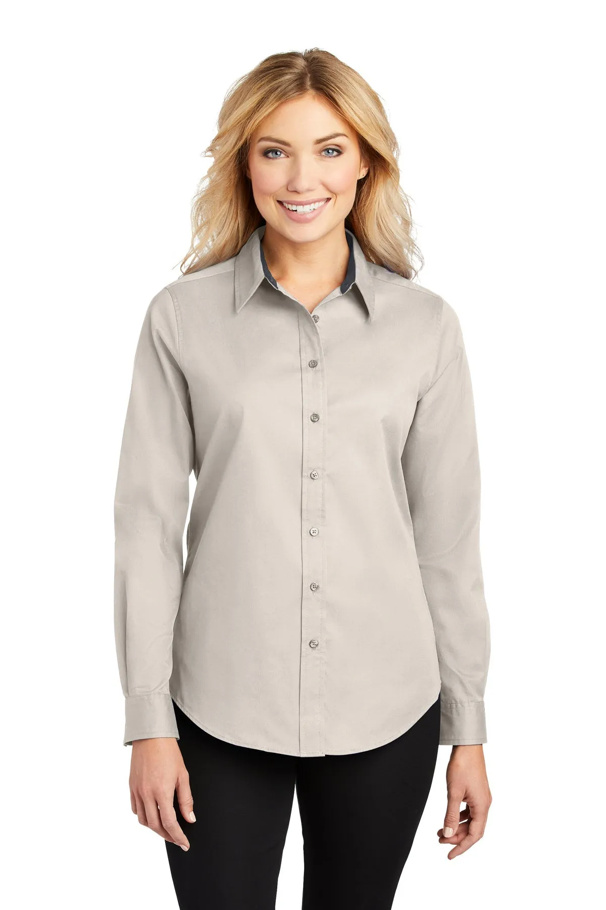 Port Authority Ladies Branded Easy Care Shirts, Light Stone/ Classic Navy